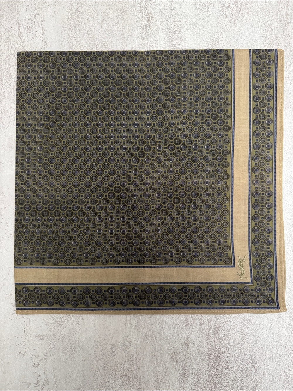 Yves Saint Laurent Olive Green and Beige Patterned Pocket Square
